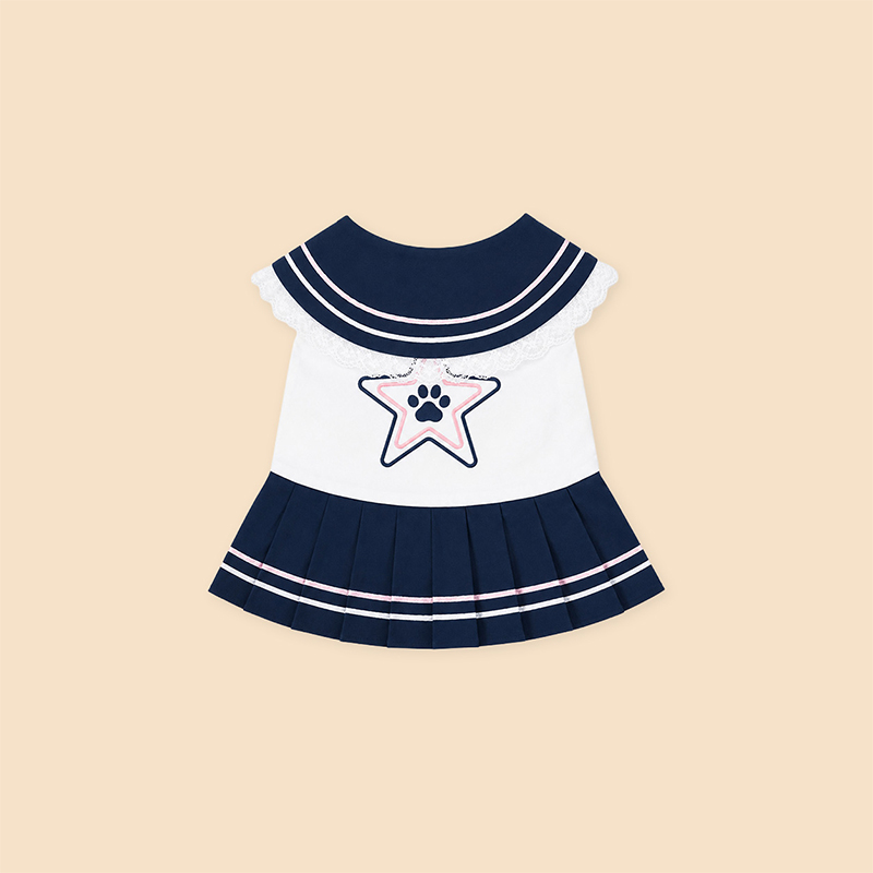 Navy Star Pleated Dog Dress Elegant Casual Pet Wear