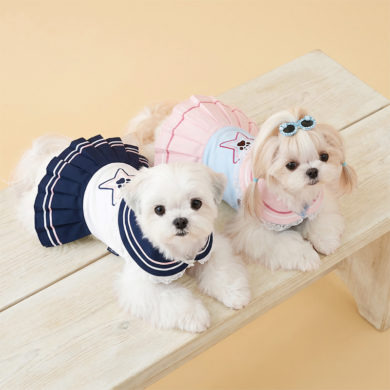 Navy Star Pleated Dog Dress Elegant Casual Pet Wear